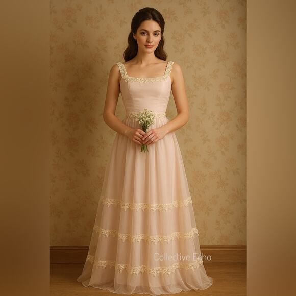 Vintage 1970s Handmade Blush Pink Formal Gown Prairie Romance Metal Zipper - Picture 1 of 11